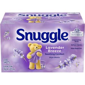 Snuggle Fabric Softener Dryer Sheets, Lavender Breeze Soothing Comfort, 230 Ct, Long-Lasting Fresh & Clean Scent, Softens Fabric, Reduces Static, Fights Wrinkles, Helps Repel Lint & Pet Hair, HE Safe(230 Count (Pack of 1))